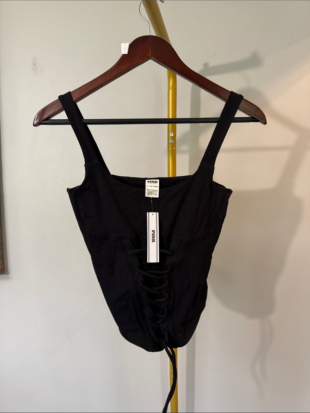 PINK Black Lace-Up Ribbed corset Tank NWT S - Picture 4 of 9